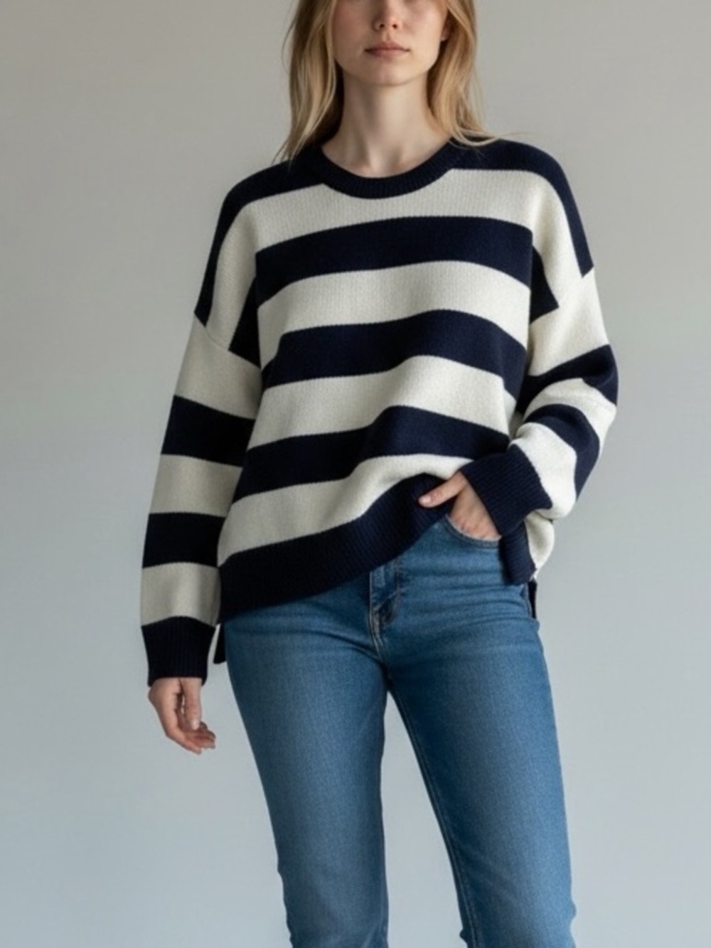 Jenni Kayne Cashmere‎ Striped Navy Boyfriend Sweater Size XL